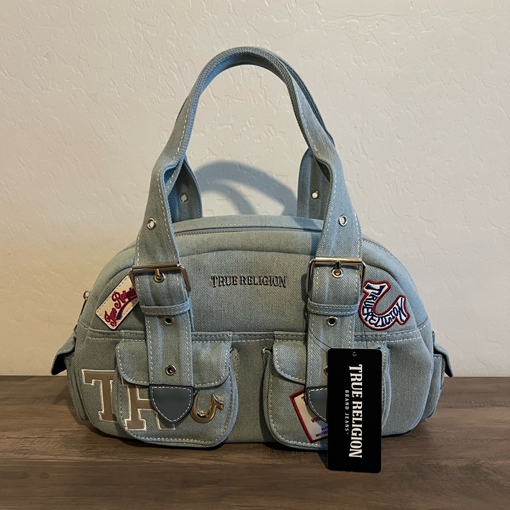 NWT True Religion Light Blue Denim Jean Patchwork Women's Hand Bag & Bag Charm